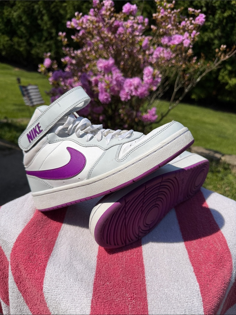 Nike Big Kids Court Borough White High-Top Sneakers with Vivid Purple Swoosh, Y7